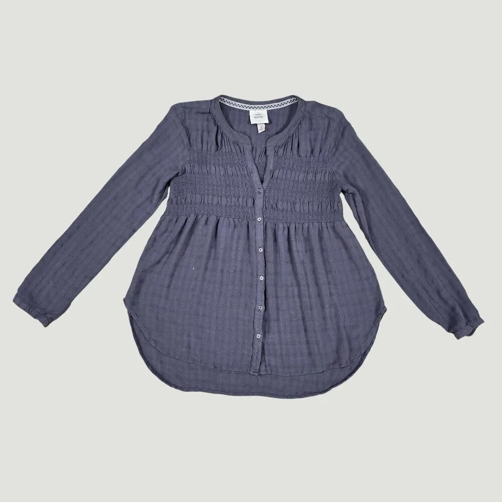 Boho Tunic Blouse Smocked Henley Long Sleeve Gray Medium - Picture 5 of 16